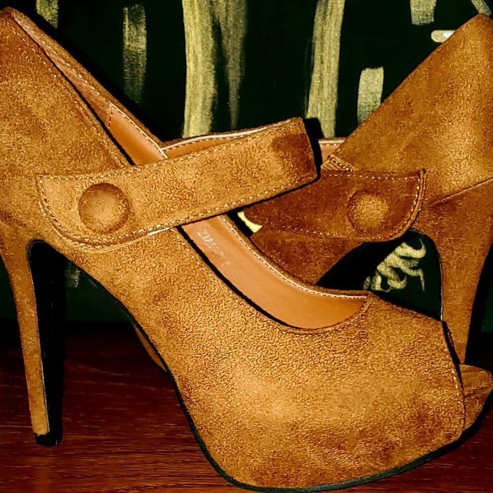Brown suede Velcro Strap Heel
